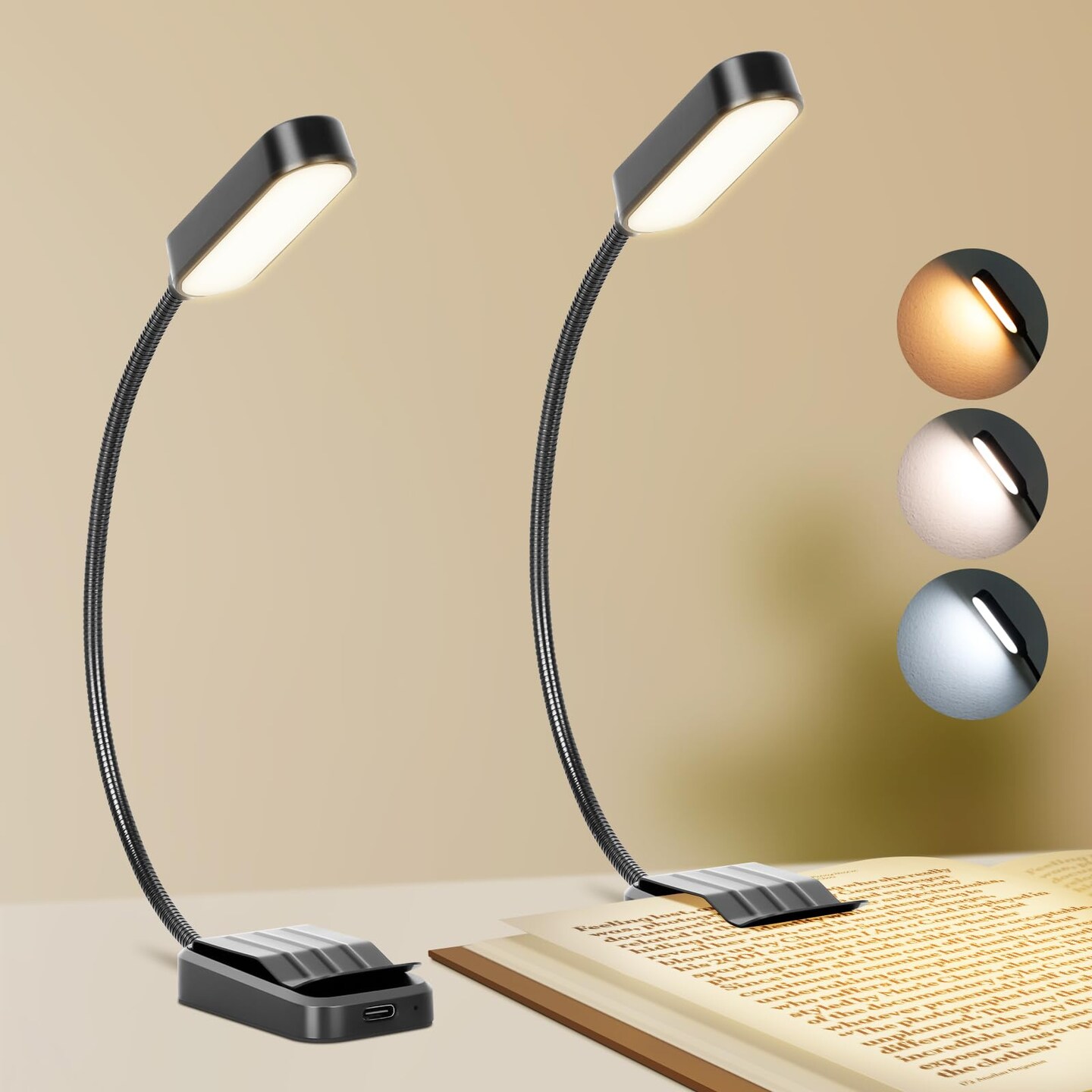 Book Light 2 Pack, Rechargeable Reading Lights for Books in Bed-Eye Caring 3 Colors, Stepless Dimming, 360&#xB0; Flexible Studying Small Desk Lamp, Lightweight Clip-on LED Night Light for Book Lovers, Kids
