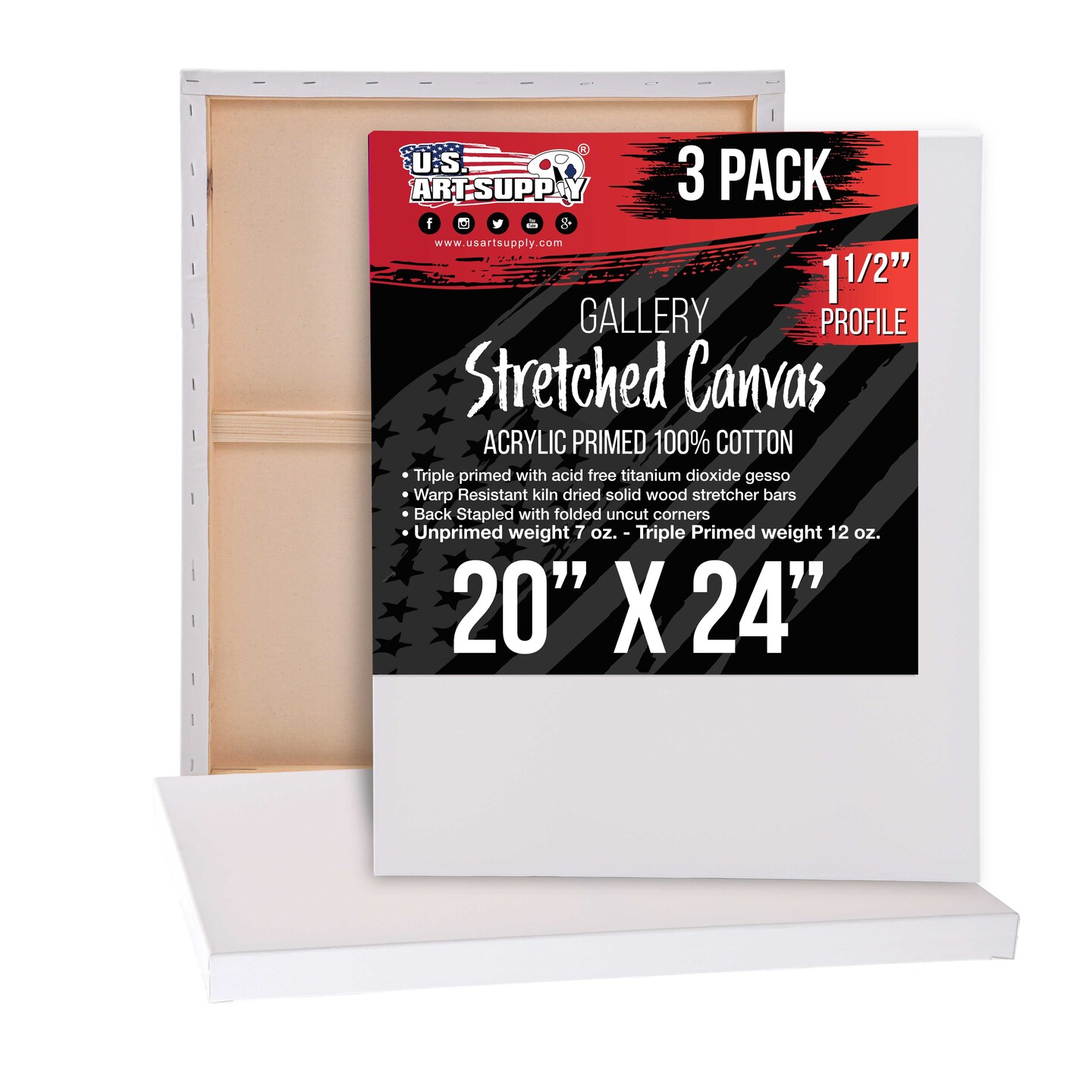 Large Stretched Canvas for Painting 20x24 inch Gallery Depth 1-1/2&#x22; Thick, 3-Pack - 12oz Acrylic Gesso Triple Primed, Professional Artist Quality, 100% Cotton - Oil, Pouring Paint