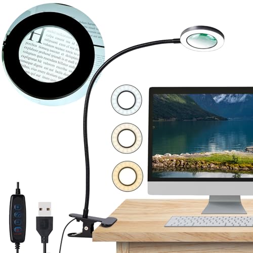 Yeegras Desk Magnifying Glass with Light 10x, Magnifer with 3 Light Color, 10 Adjustable Brightness, Flexible Gooseneck, Magnifying Lamp with Clamp for Craft, Diamond Painting, Soldering, Elderly