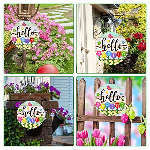Hello Spring Door Sign - 11.8" Colorful Flowers Welcome Decoration Wreath Farmhouse Hanging Sign for Home Front Door Wall Porch Indoor Outdoor Decor