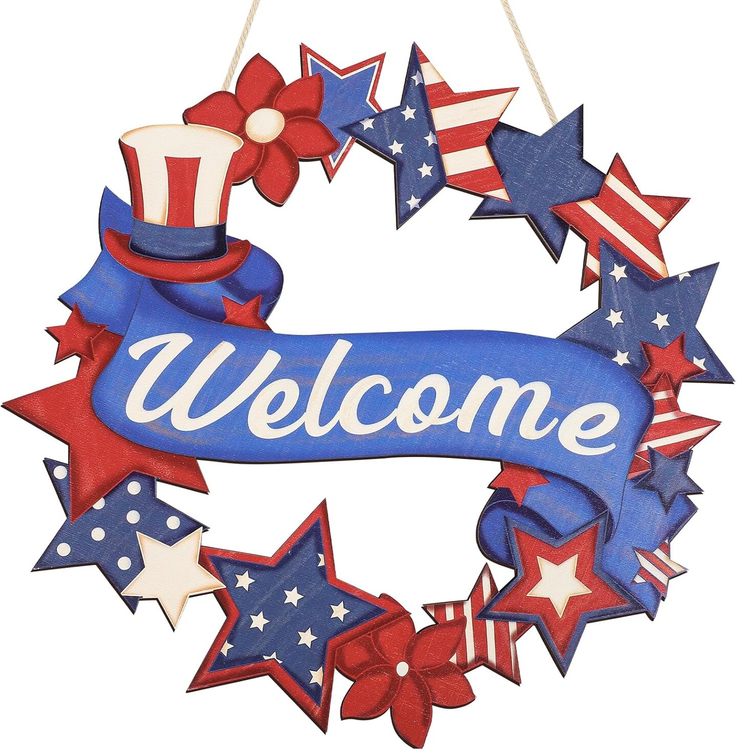4th of July Decorations Wooden Welcome Sign, Wooden American Flag Star Wreath, Outdoor Wall Hanging for Front Porch, Memorial Day Home Decor (4th of July)