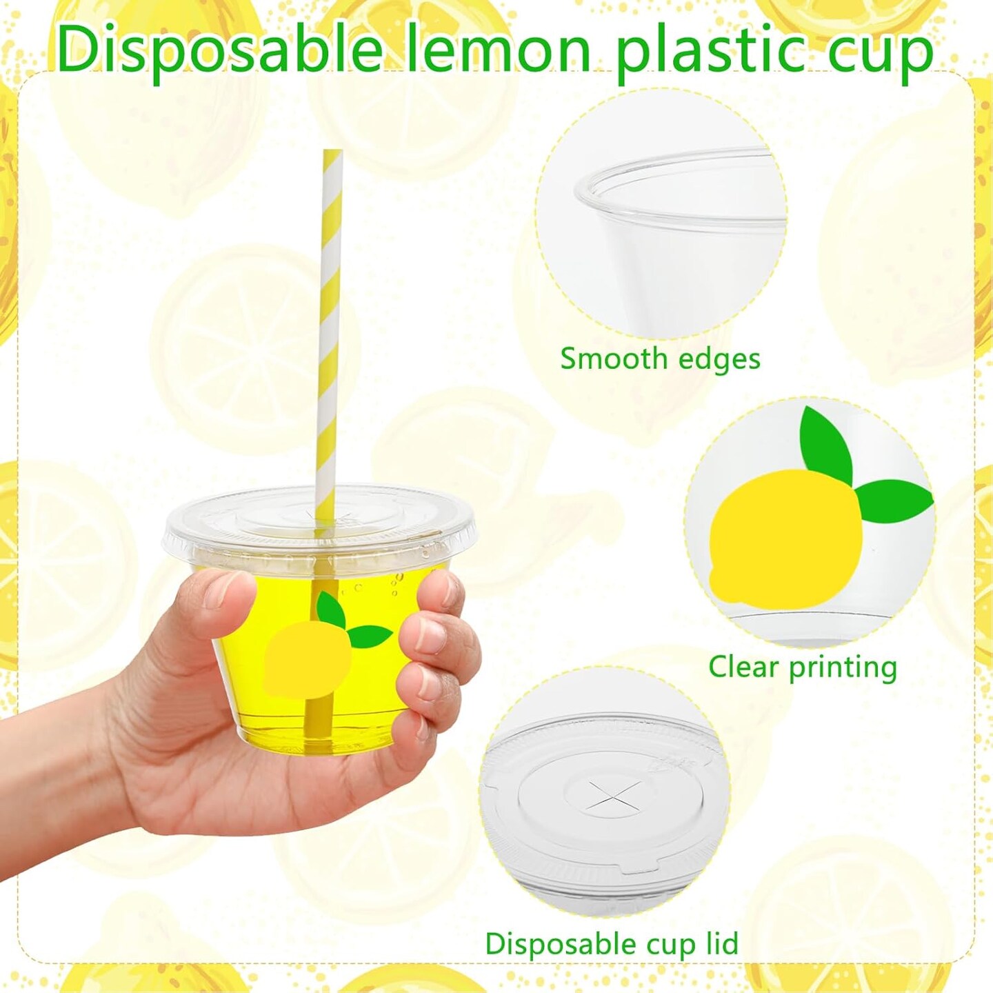 100Pcs Lemon Disposable Plastic Cups with Lids and Straws, 9Oz Party Cups Yellow Lemon Cold Beverage Drinking Cups
