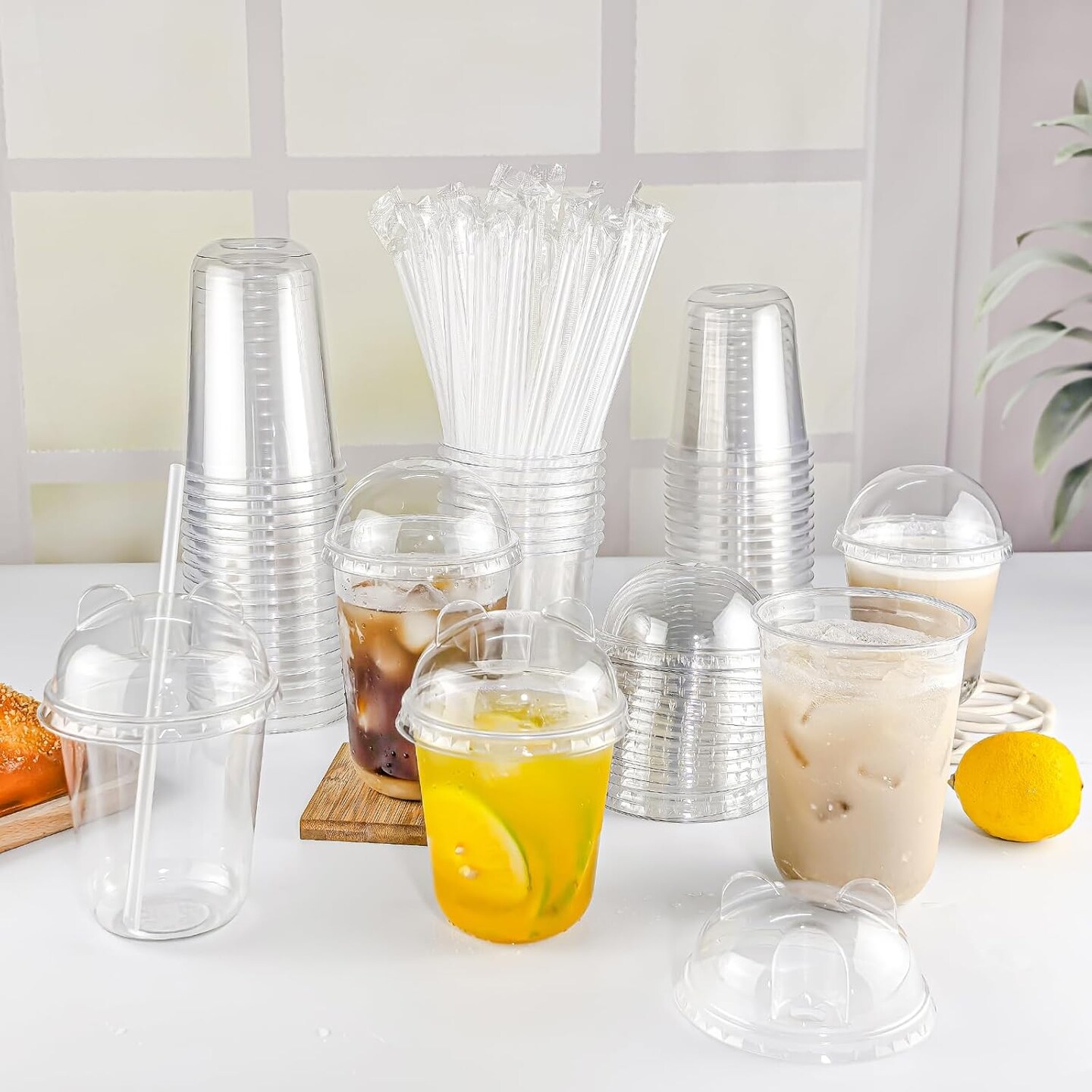 50 Sets 12oz Disposable Transparent Plastic Cup with Panda Lids & Straws
