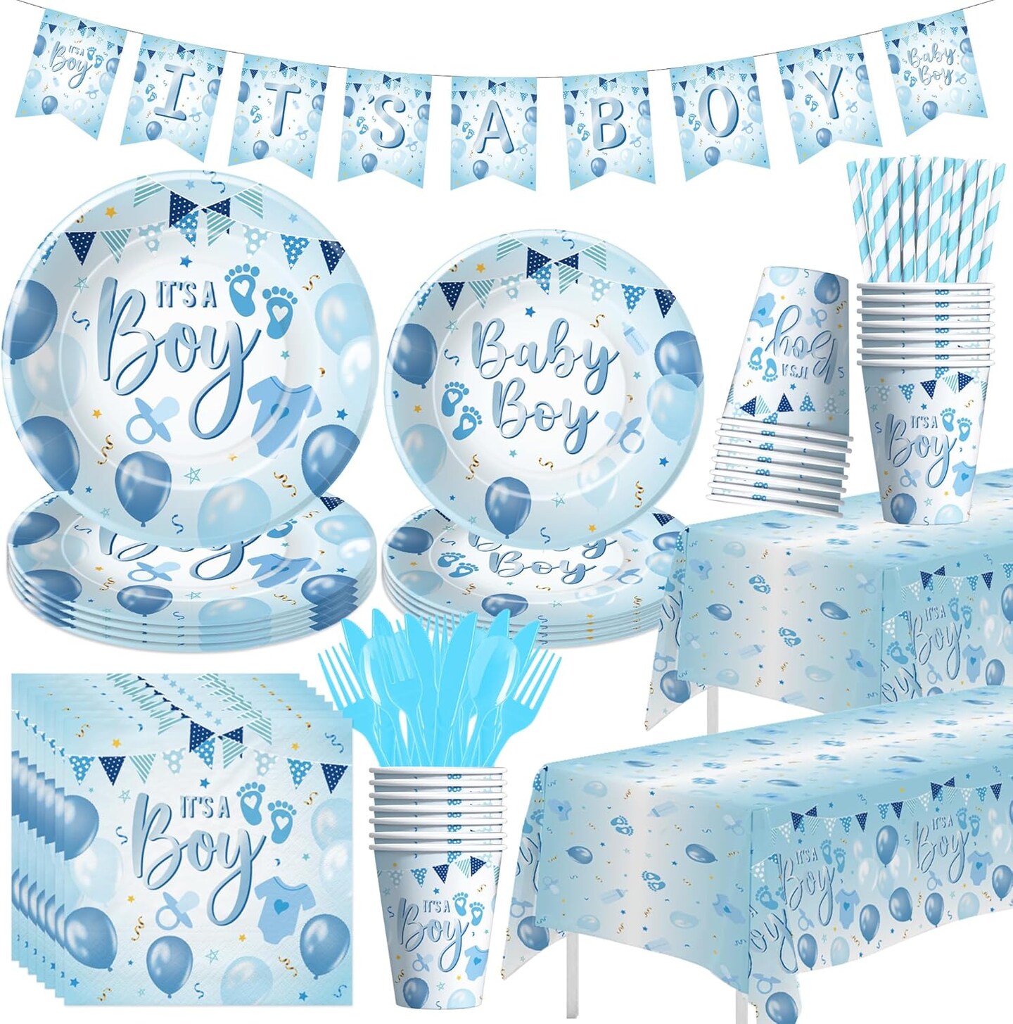 Blue Balloon Baby Shower Decorations & Tableware Set - Serves 24