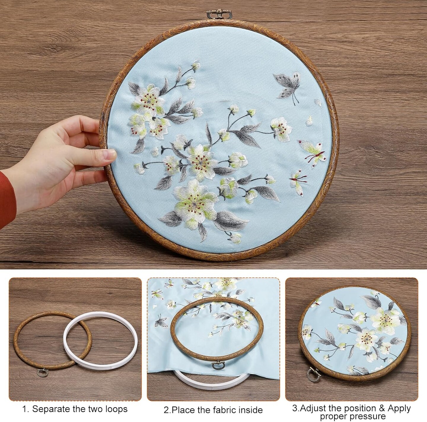 4 Pieces Embroidery Hoops Set Imitated Wood Frame Circle Oval