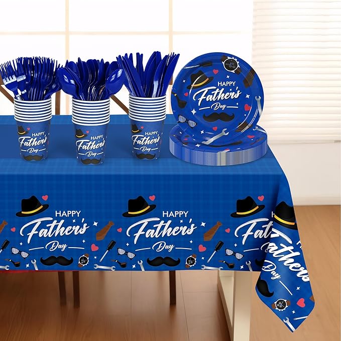 Fathers Day Decorations for Party,132 Pcs Disposable Fathers Day Plates Tablecloth Cups Knives Spoons Forks for Party Supplies,Plates Tableware for Dads Birthday,Home,Brunch,Dinner,Serves 26