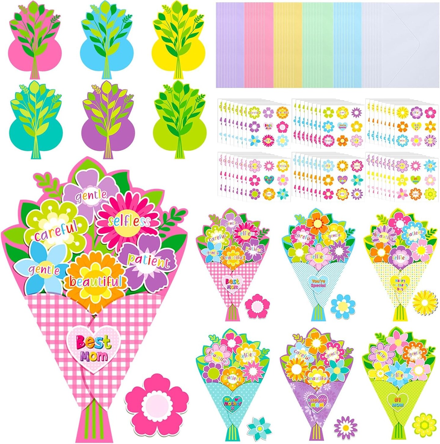 Mother’s Day Card Making Kit – 48 Sets DIY Bouquet Greeting Cards with Envelopes & Flower Stickers, I Love You Mom Craft Kit for Home, Office, and Birthday Gifts