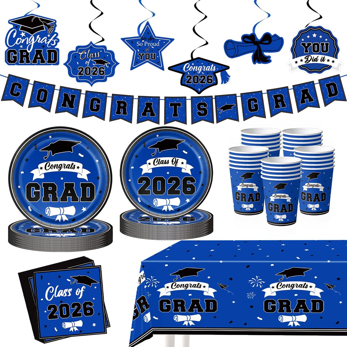 2026 Graduation Decorations for Party, Blue Plates Napkins Cups Tablecloth with Congrats Grad Hanging Decor for 25 Guests, Congratulations Disposable Party Supplies Favors for College & Middle School