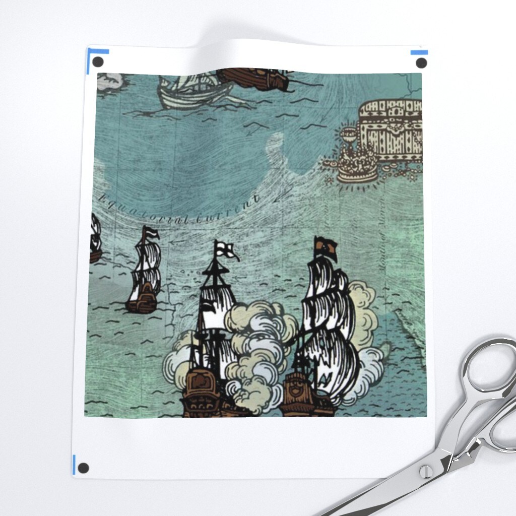 Pirate, Map, Ships, Blue, Big, Ocean, Anchor, Sailor, Nautical, Sea Custom Printed Fabric by Spoonflower Various Fabrics by the Yard or Fat Quarter