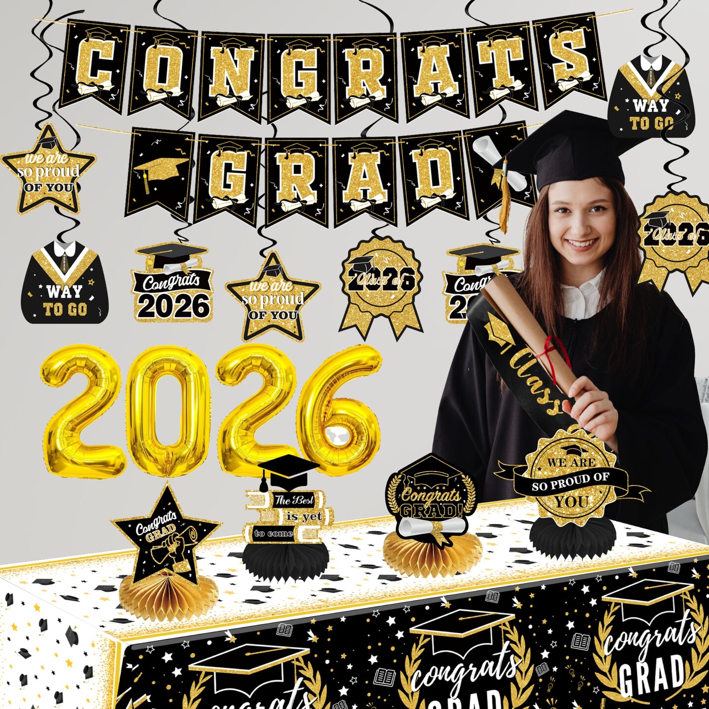 Black and Gold Graduation Decorations 2026 Class of 2026 Decorations - Includes 32 Inch Gold 2026 Balloons, Congrats Grad Banner, Tablecloth, Sash, Centerpieces - College High School Party Supplies