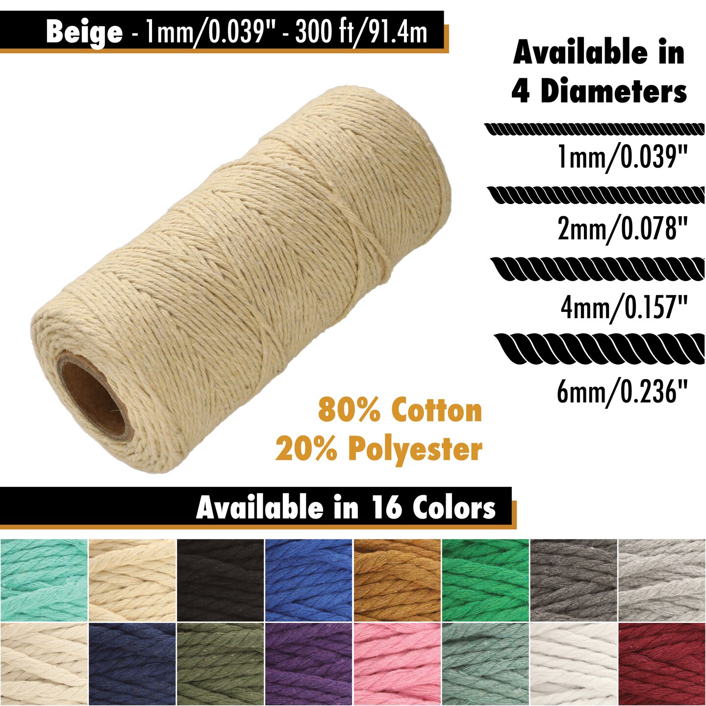 White Lion Macramé Cord – Cotton Rich Macrame Rope, 1 mm, 300 Feet, Yarn for Wall Decor, Crochet, Gift Wrapping, Wall Hanging, Plant Hangers, Handmade Crafts, Knitting