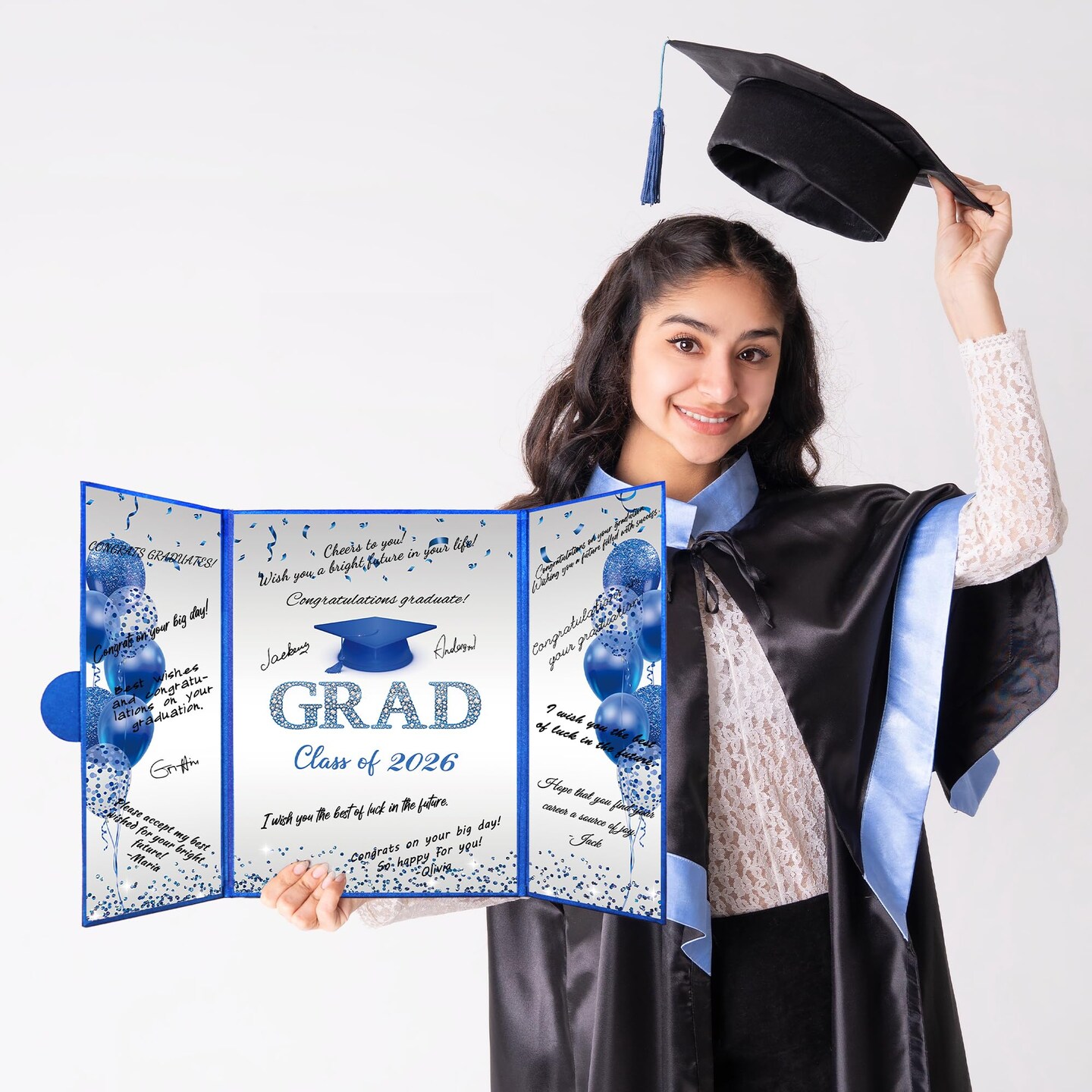 Blue Silver Graduation Party Decorations, Blue Class of 2026 Congratulations Graduates Alternative Signature Guest Book for Men Happy Graduation Gifts Congrats Grad Party Signing Card Board