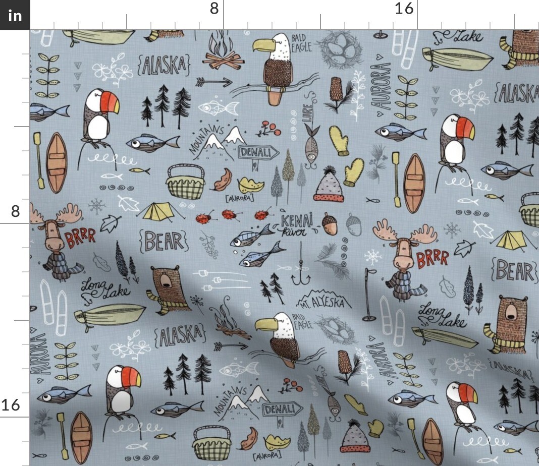 Alaskan Adventure Blue Alaska Bear Moose Fishing Camping Custom Printed Fabric by Spoonflower Various Fabrics by the Yard or Fat Quarter