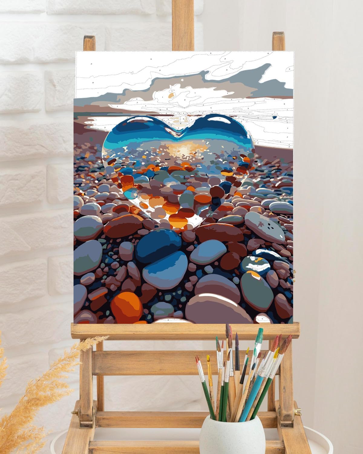 Paint by Numbers Kit for Adults – Beach Sunset Acrylic Painting with Crystal Heart, 16×20 Inch, DIY Home Wall Decor