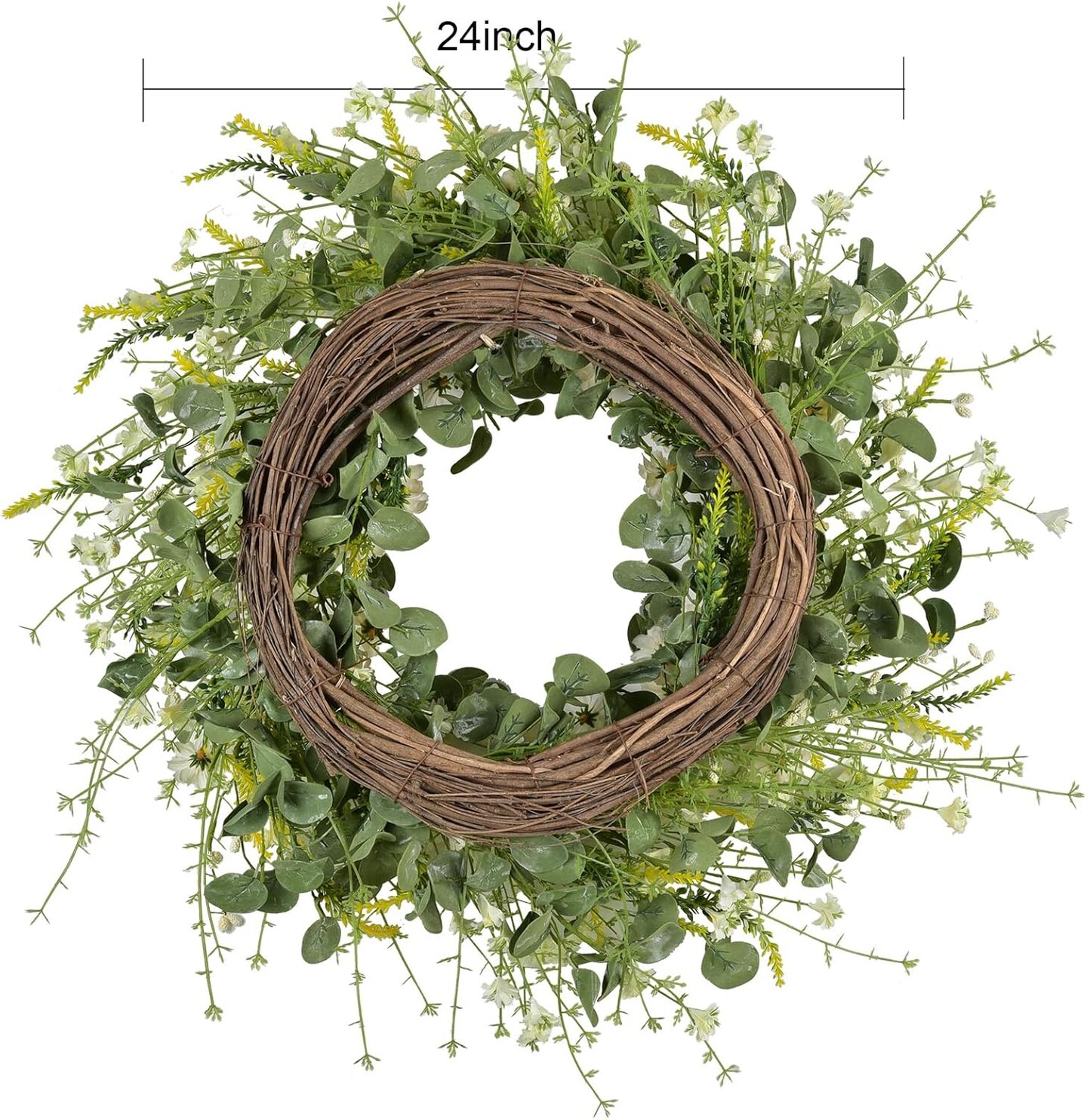Summer 24 Inch Artificial Daisy Flower Wreath with Eucalyptus Leaves, Silk Flowers, and White Berries for Front Door and Wall Decor