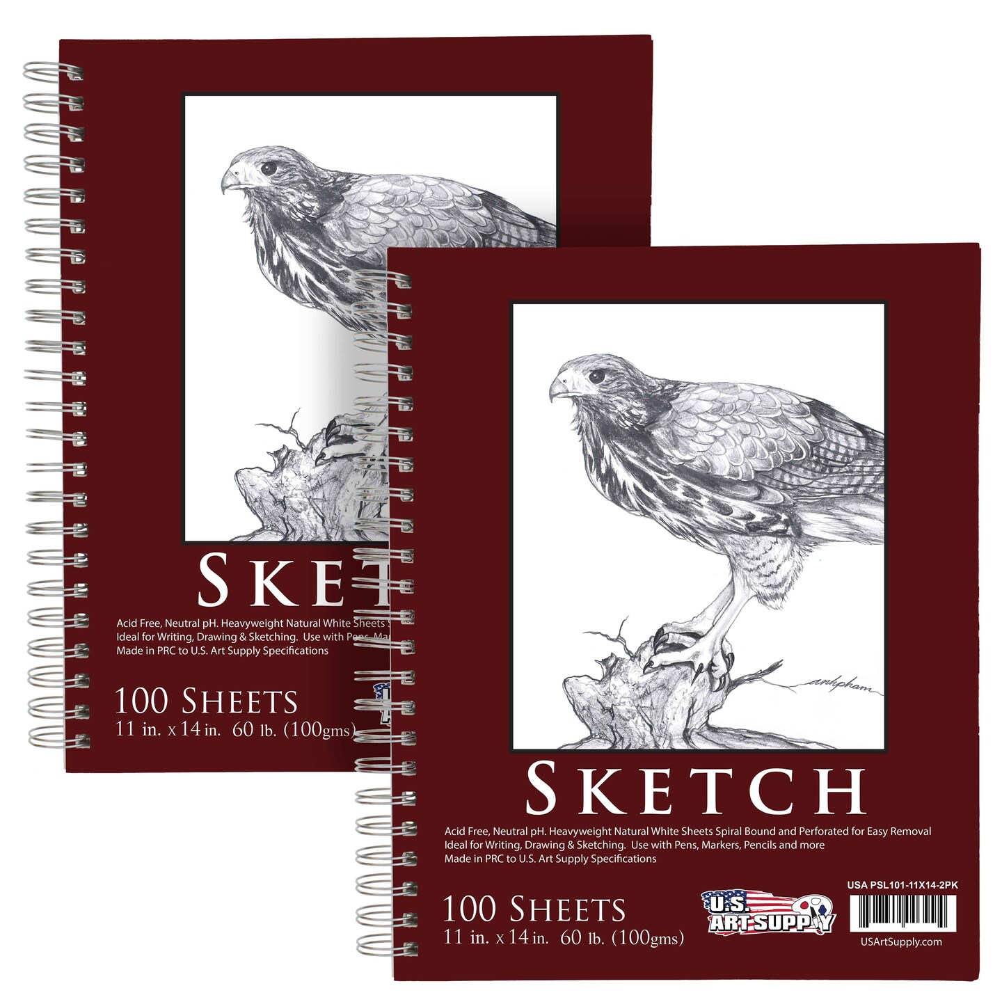 11&#x22;x14&#x22; Sketch Book Pad, 2 Pack (100 Sheets Each), 60lb (100gsm) Spiral Bound - Sketching, Drawing Pad, Acid-Free Paper - Sketch Pads For Adults, Students: Colored Pencils, Charcoal