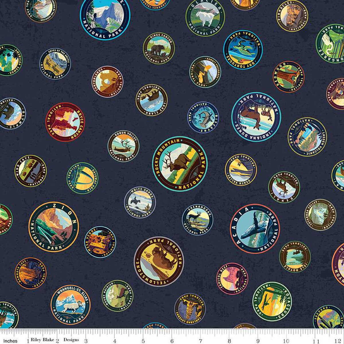 Emblems in Navy (cd13292-navy) | National Parks | Anderson Design Group | Riley Blake