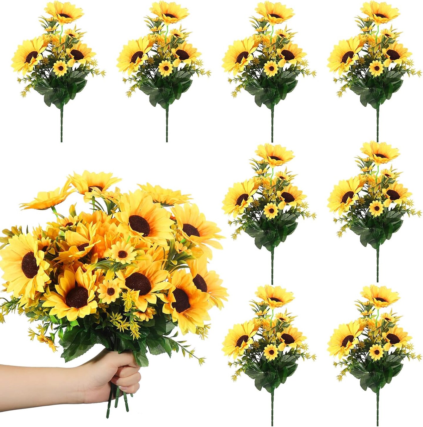 8 Packs Artificial Sunflowers with Stems Silk Fake Sunflowers (Fresh Style)