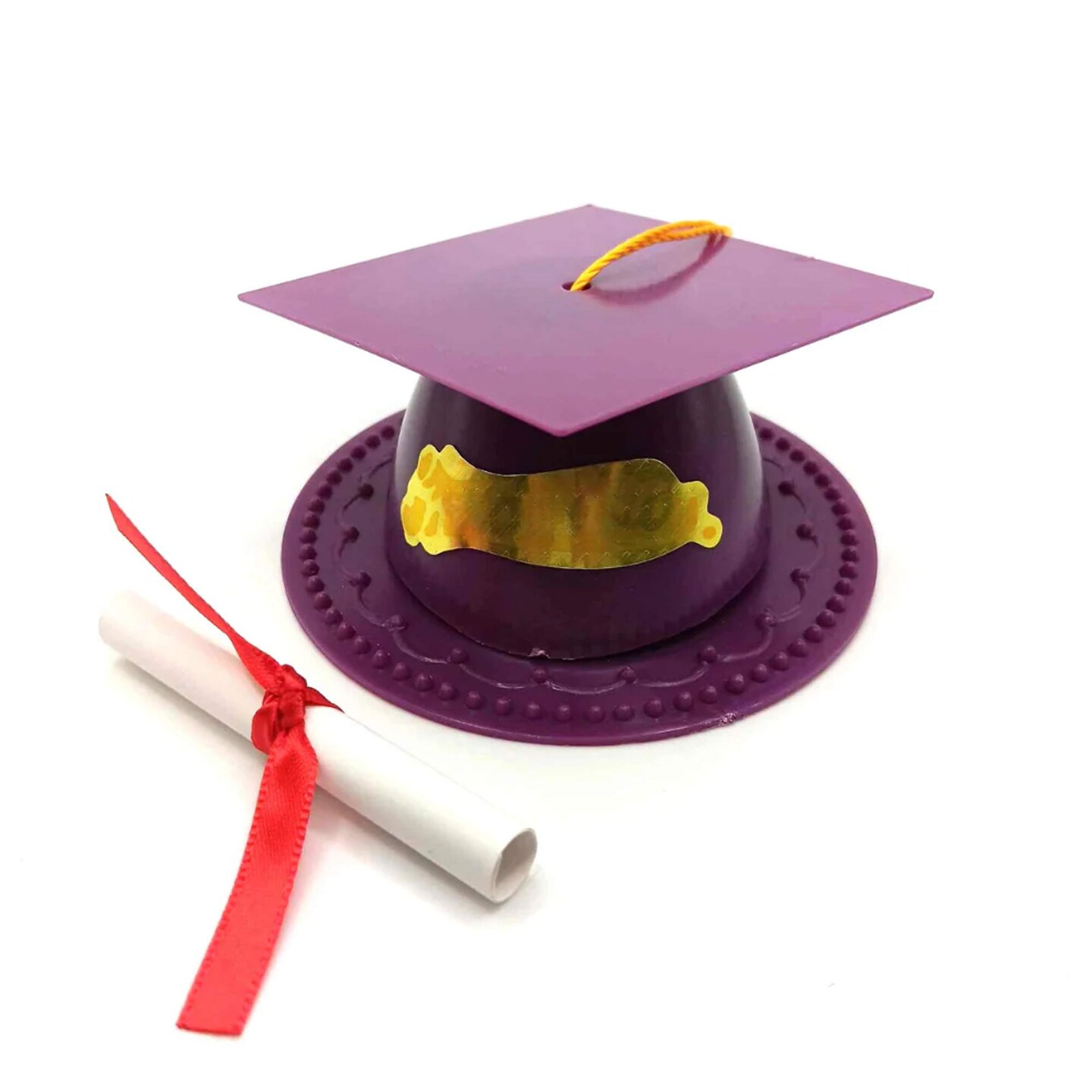 24 Count Graduation Cap Cake Topper with Diploma Plastic Paper Party Decoration Burgundy 3.5 Inch