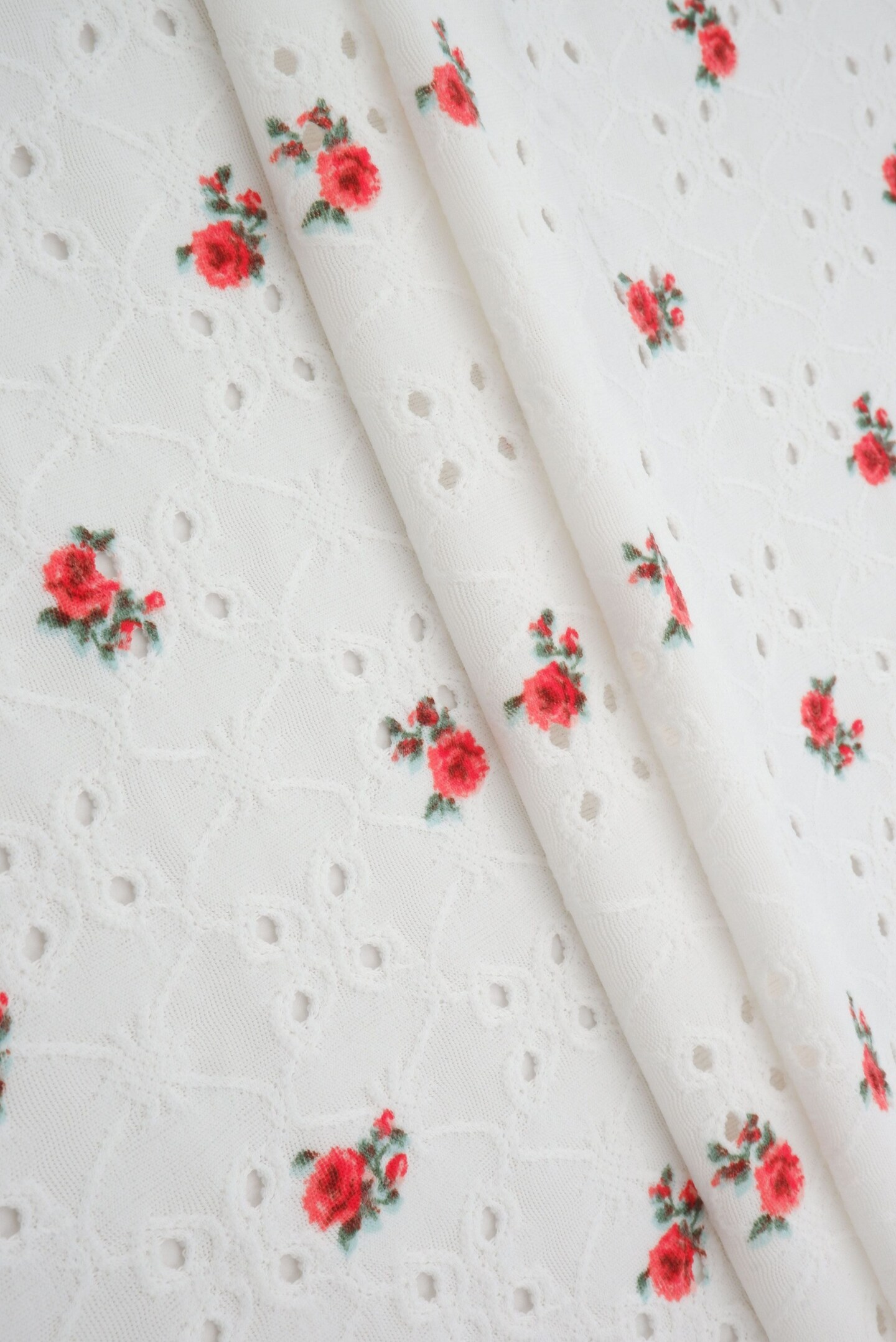 1 Yard Ivory &#x26; Coral Red DTY Knit Jacquard Ditsy Eyelet Print Fabric 58/60 Inches Wide