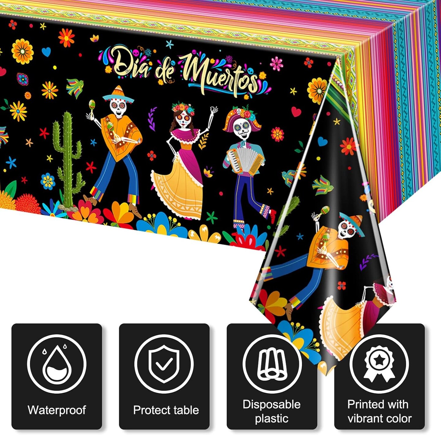3 Pieces Day of The Dead Tablecloth Dia De Los Muertos Table Cover(14.17&#x22;L x 7.87&#x22;W)