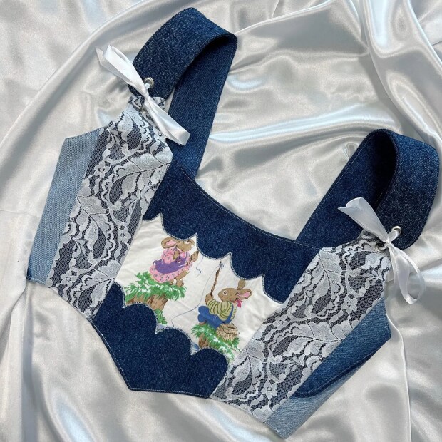 Patchwork Denim Corset Top – Handmade Bustier with Lace Trim and