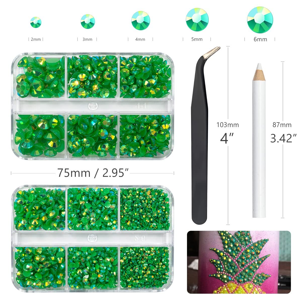 qiipii Emerald Green AB Resin Rhinestones for Crafting 2mm 3mm 4mm 5mm 6mm Flatback Jelly Stones Diamonds Crystals Gems for Face Eyes Makeup Tumblers Mugs Bottles DIY Crafts Clothes Shoes Phones Car