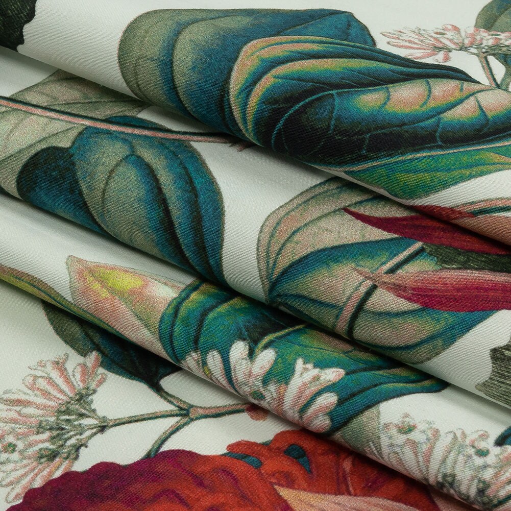 1 Yard Stretch Cotton Sateen Red and Green Floral Paintbrush Lily Print Aloha Collection