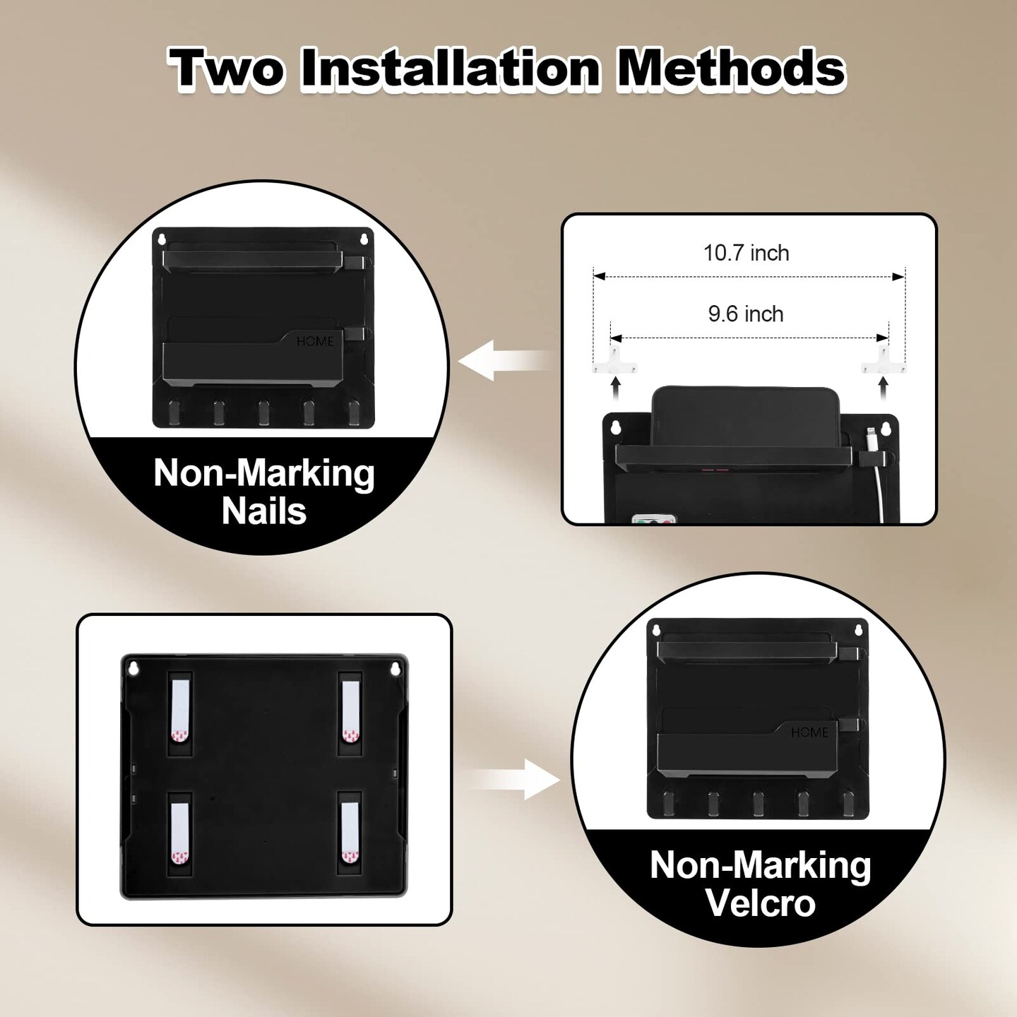JUMEIHUI Wall Mount Shelf Organizer, Adhesive Bedside Shelf Accessories with Hooks and Cable Clips, Dorm Room Wall Storage for Phone, Remote, Earphone, Kindle, Plastic(Black)
