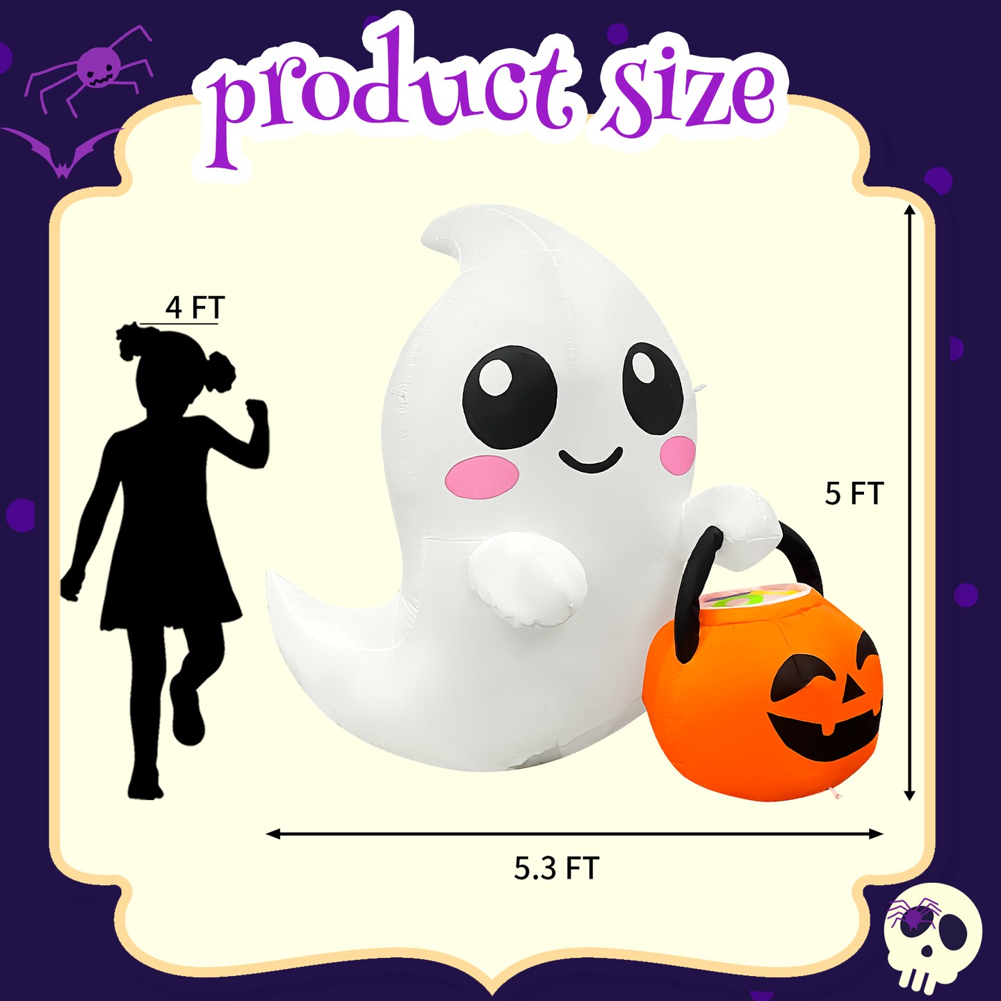 GOOSH 5FT Inflatable Cute Ghost with Pumpkin Bucket &#x2013; Light-Up Halloween Yard Decoration