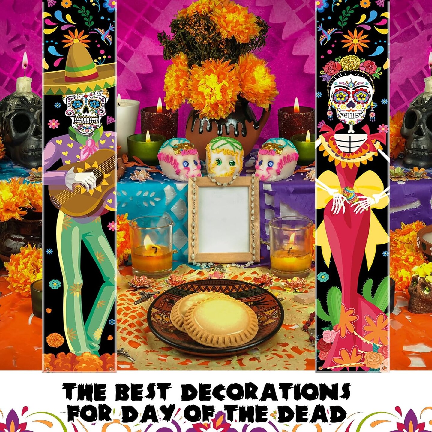 3 Pcs Lighted Day of the Dead Porch Sign Banner (Halloween) 12&#x22;L x 7&#x22;W