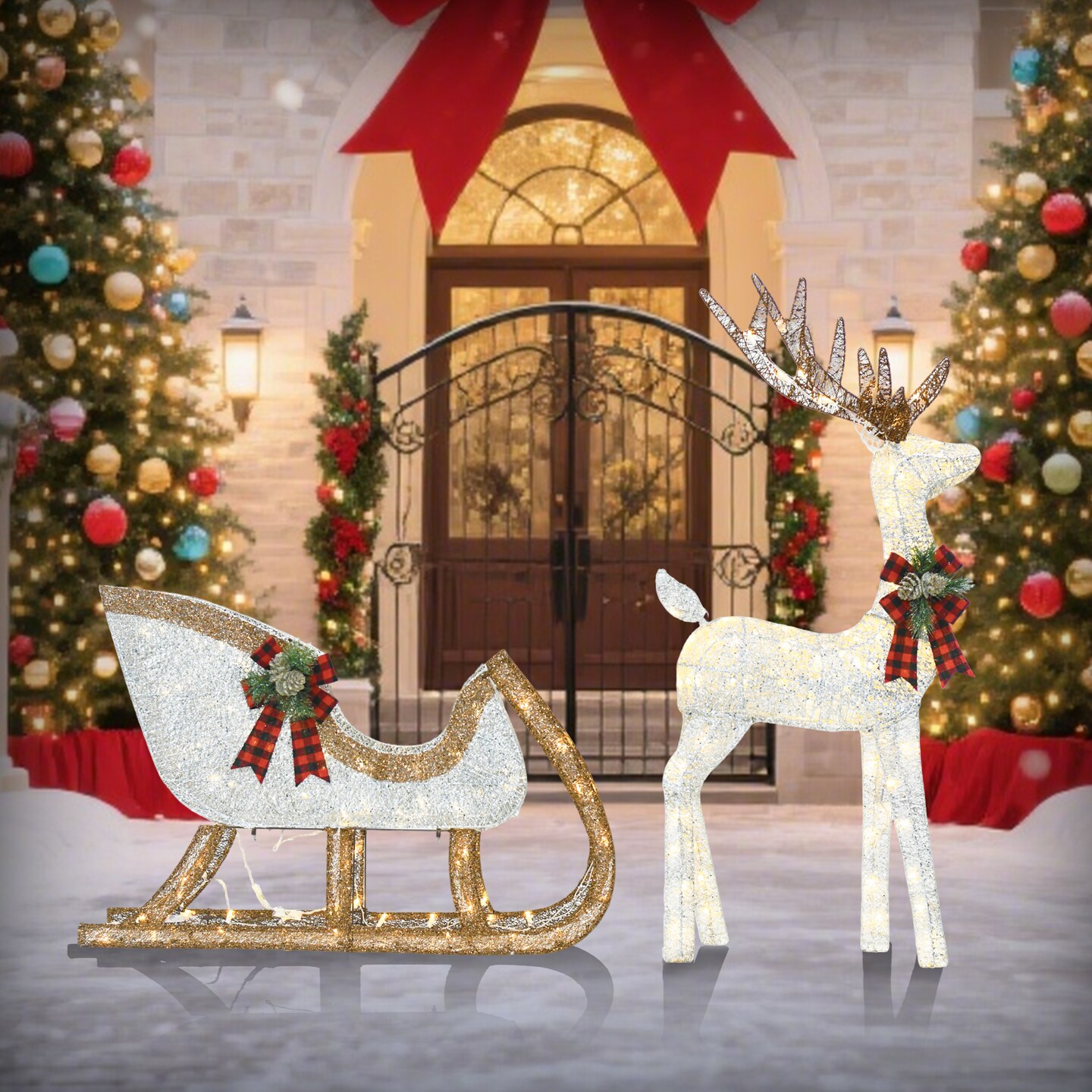 48 Inch H Reindeer and 38 Inch L Sleigh Set With Warm White LED Christmas Decoration