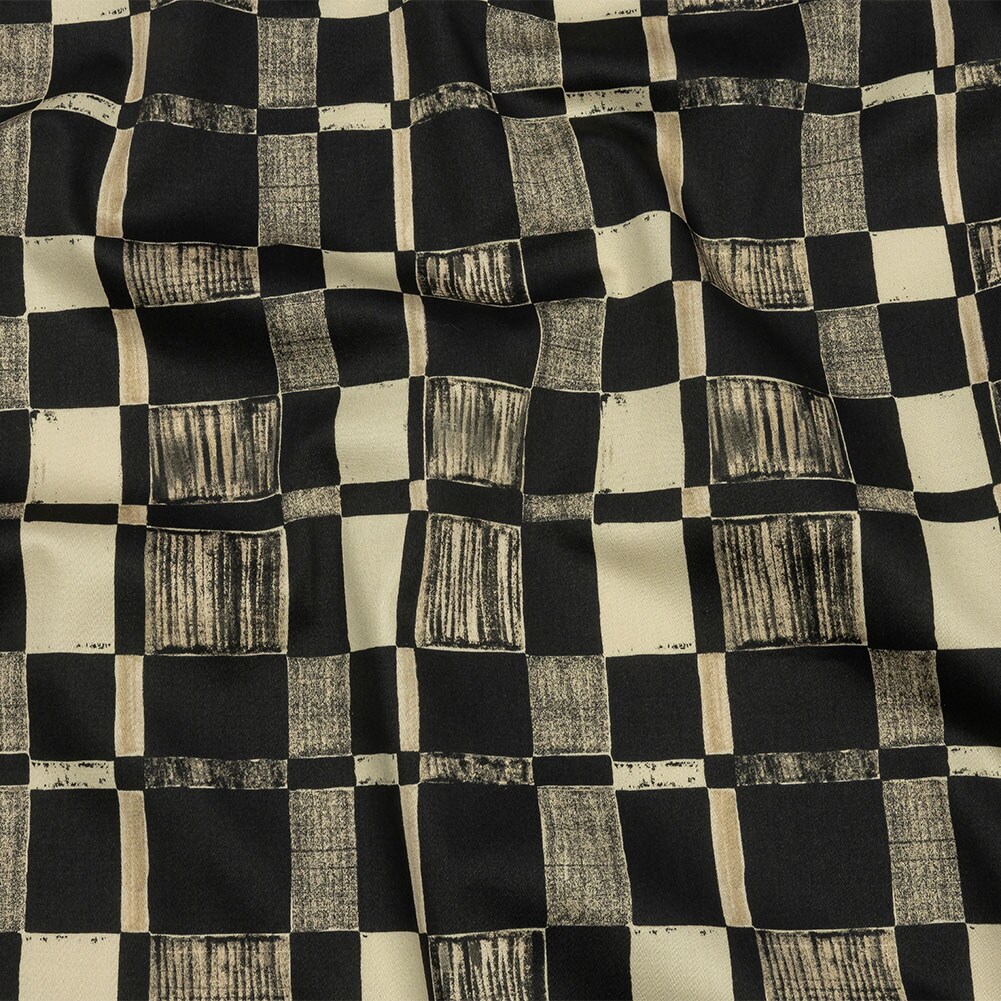 1 Yard Stretch Cotton Sateen Black and White Checks City Blocked Print fabric