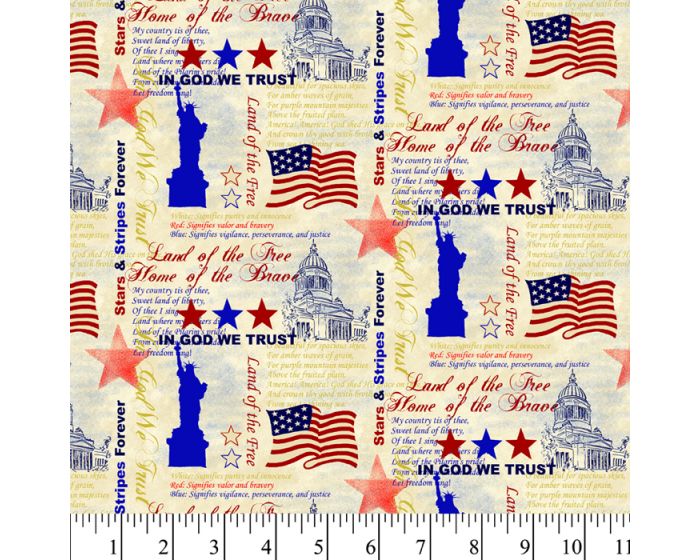 America, In God We Trust, with Metallic Cotton Fabric | By the Yard | Sewing and Crafting | 44 inches wide