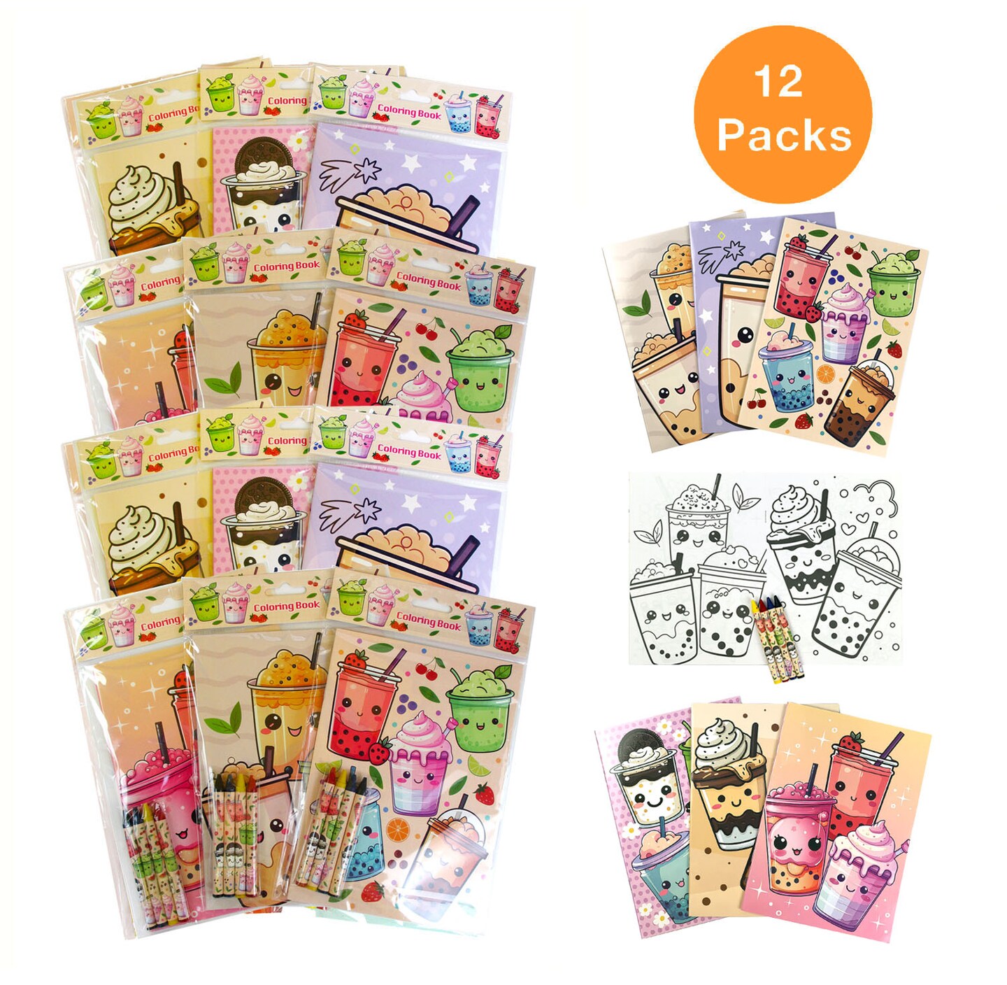 TINYMILLS Kawaii Bubble Tea Coloring Book Set with Crayons, 12 Pack, Kids Party Favors, Classroom Rewards, Cute Boba Milk Tea Design