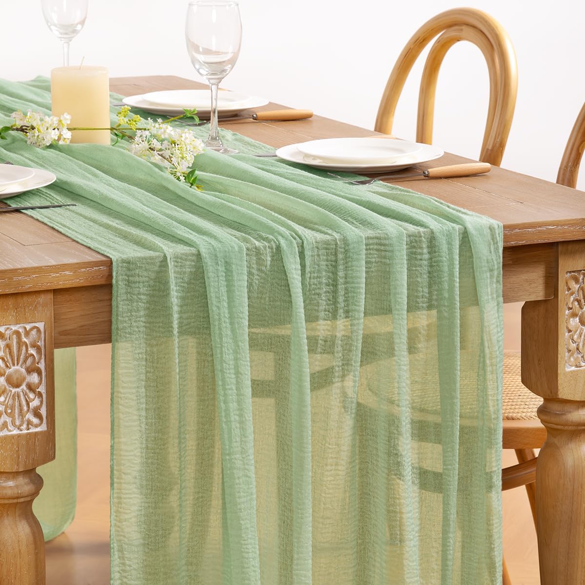 Sage Green Cheesecloth Table Runner Fall Thanksgiving Table Runner 120 inches