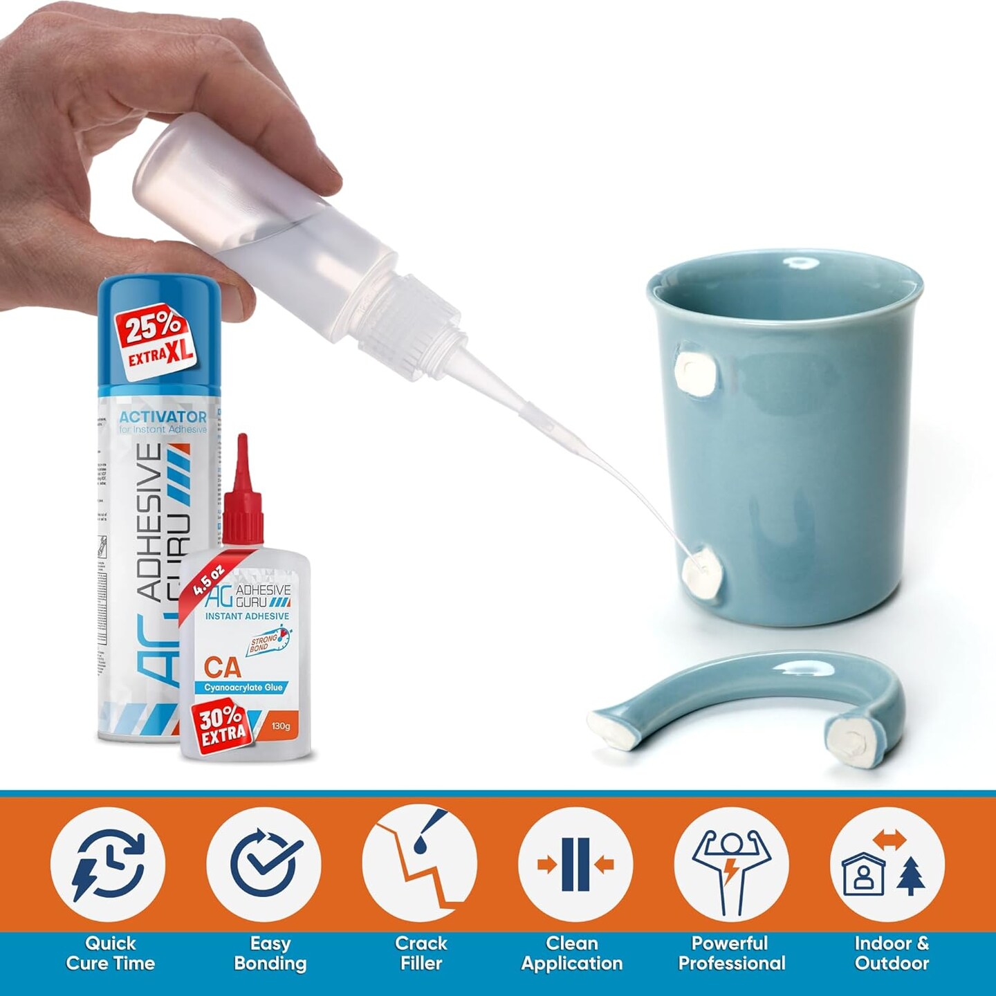 ADHESIVE GURU AG250 CA Glue (4x4.5 oz) & Activator Spray Set (2x16.9 fl oz) with Microtips, Clear Super Glue and Accelerator Kit