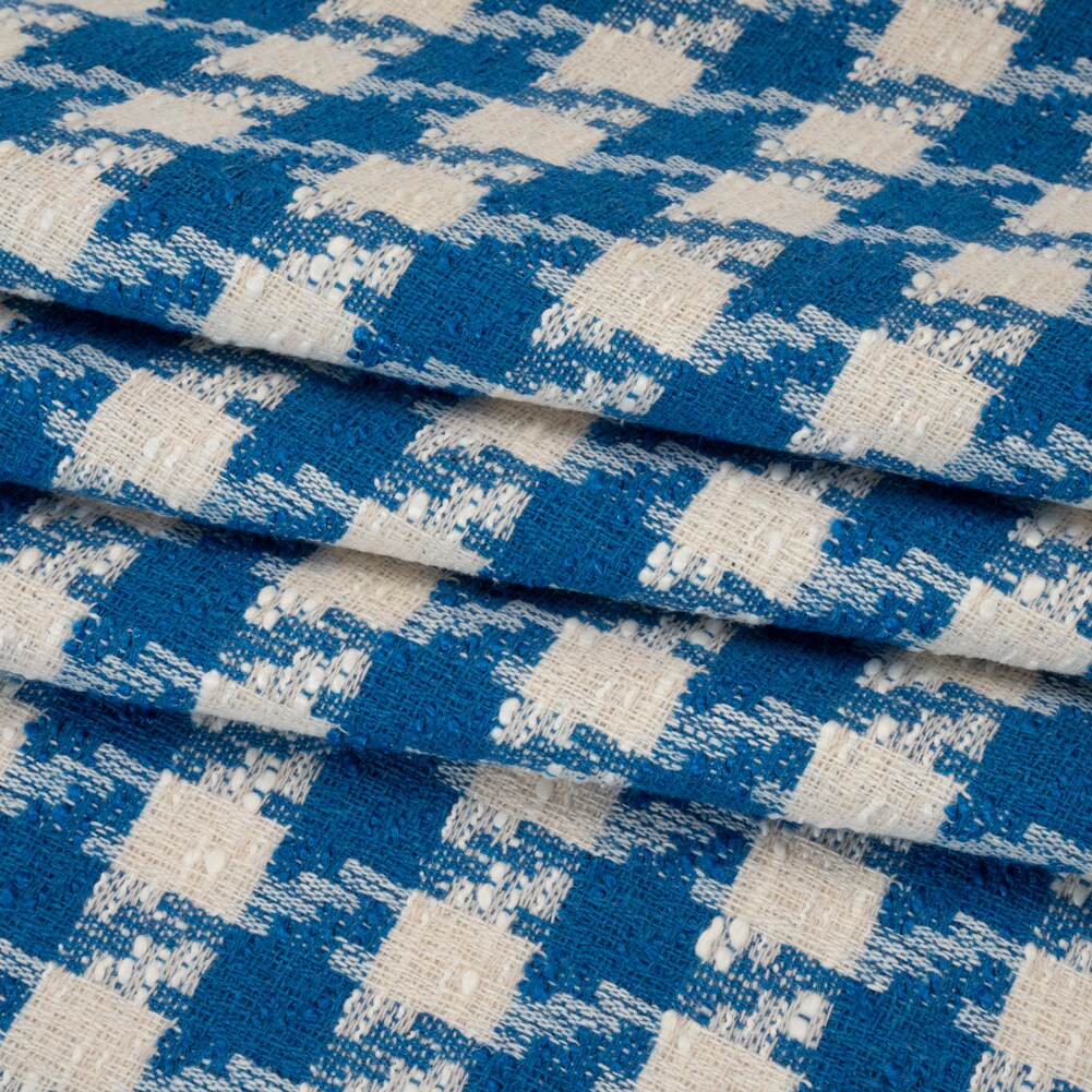 1 Yard Blue and White Houndstooth Cotton Blend Slubbed Woven Fabric