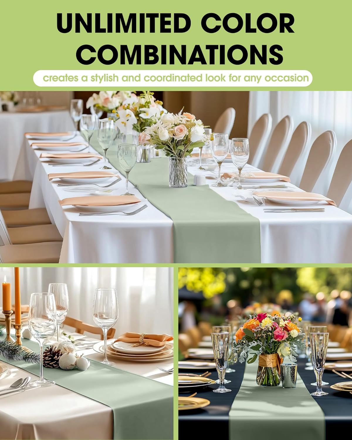 Sage Green Plastic Table Runners - 10 Pack, 14'' x 108'', Water Resistant & Disposable(Sage Green)108"L x 14"W