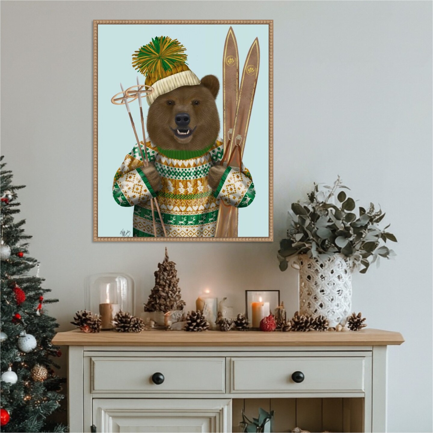 Bear in Christmas Sweater by Fab Funky 23-in. W x 28-in. H. Canvas Wall Art Print Framed