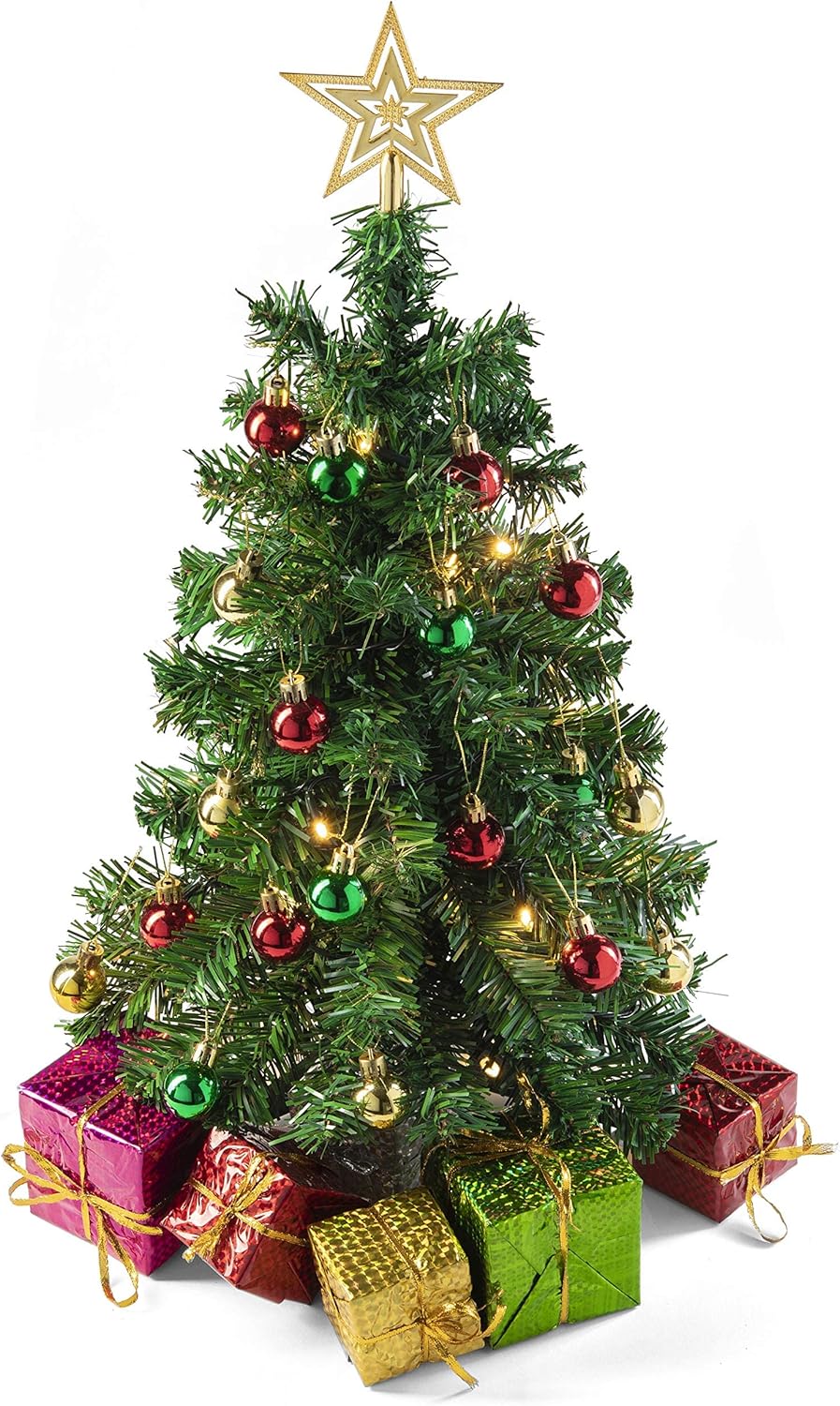 Mini Tabletop Christmas Tree Set with LED Lights, Star, Ornaments, and Gift Boxes - 23-Inch (Green)