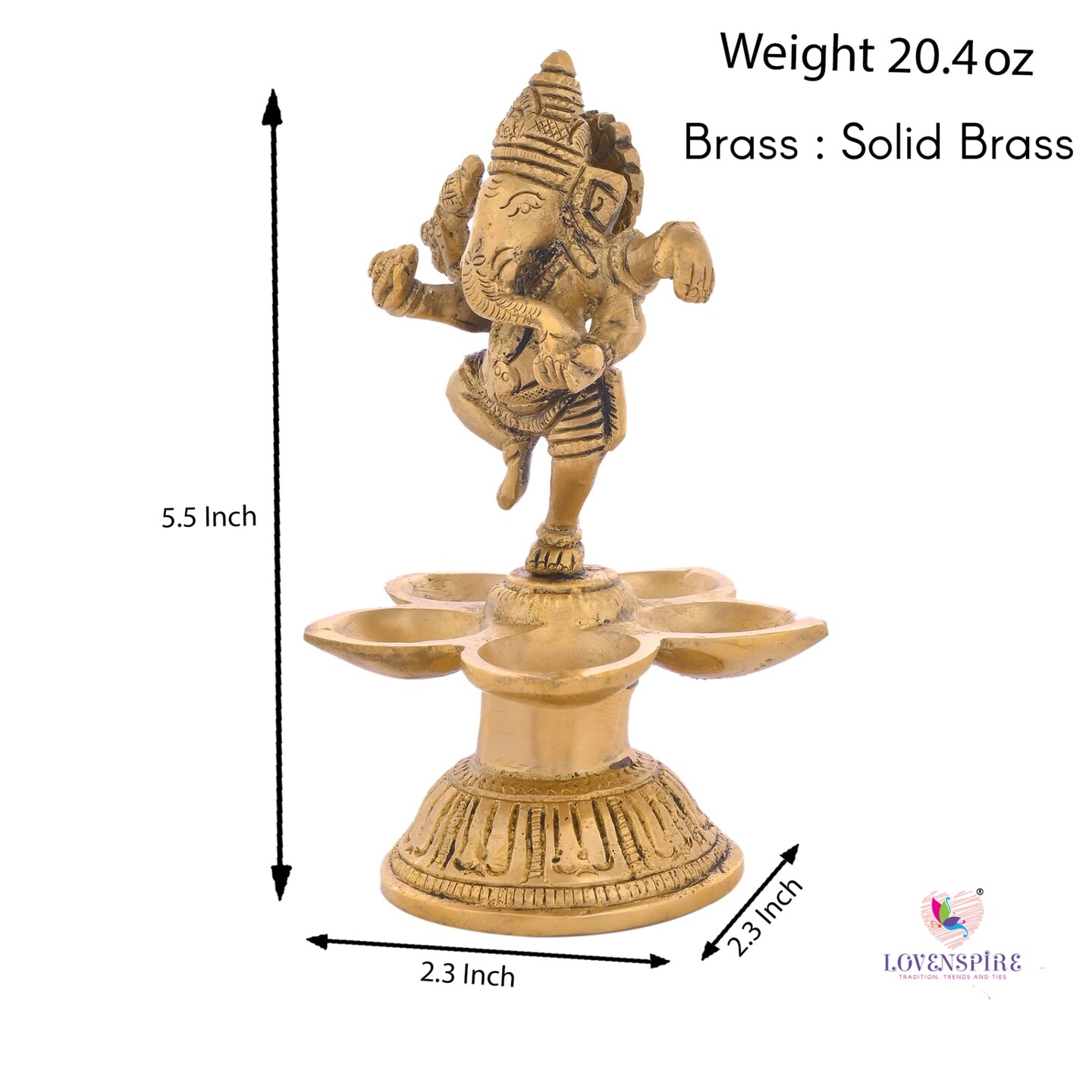Dancing Ganesha Solid Brass Diya Deepam Vilakku Samai Oil Lamp with Base Home Pooja Room Diwali Decorations Mandir Temple Ganesha Akhand Diya Hindu Puja Religious Deepawali Return Gift