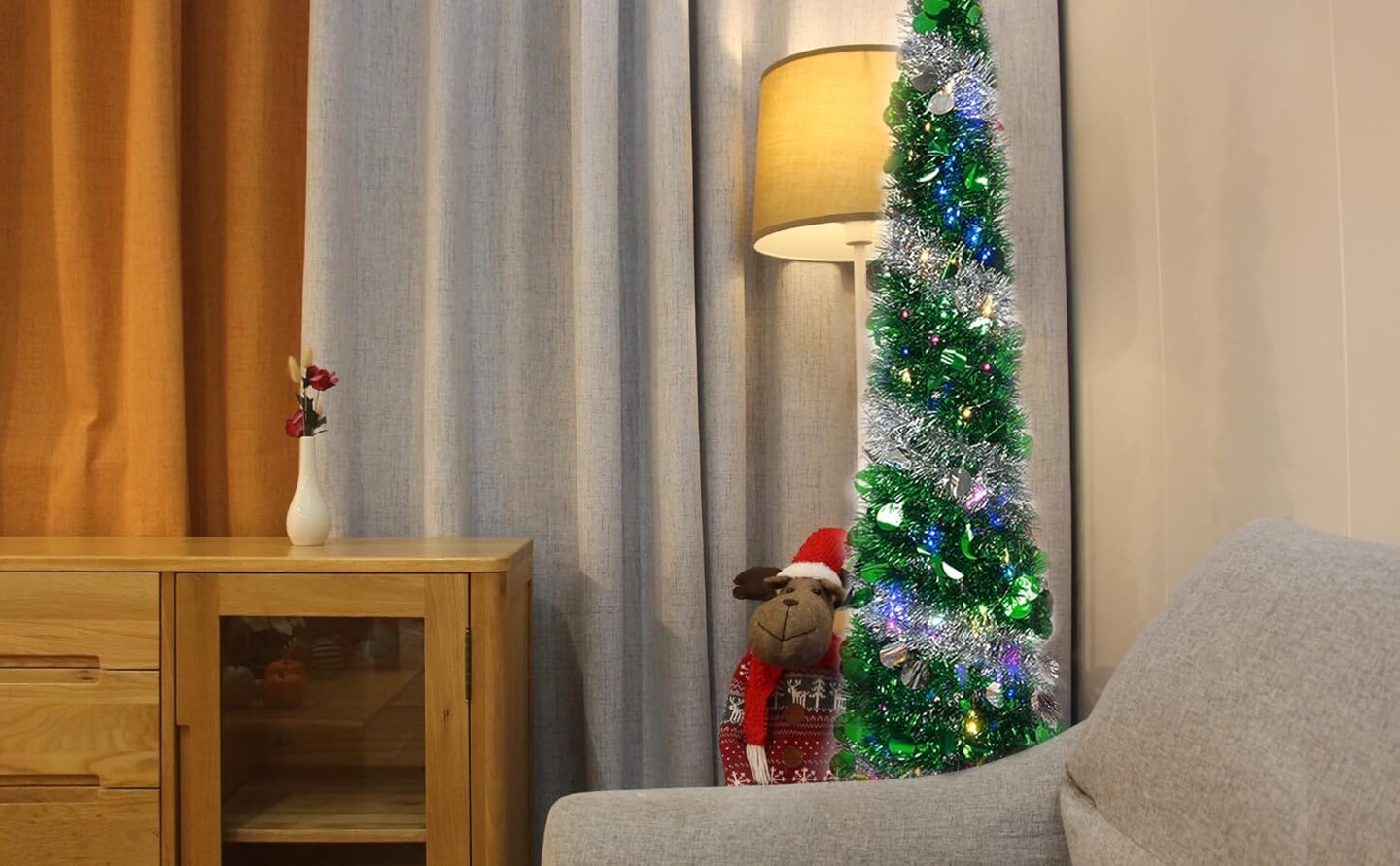 5FT Artificial Christmas Pop Up Tree Christmas Tinsel Pencil Tree(Green)13"D x 13"W x 60"H