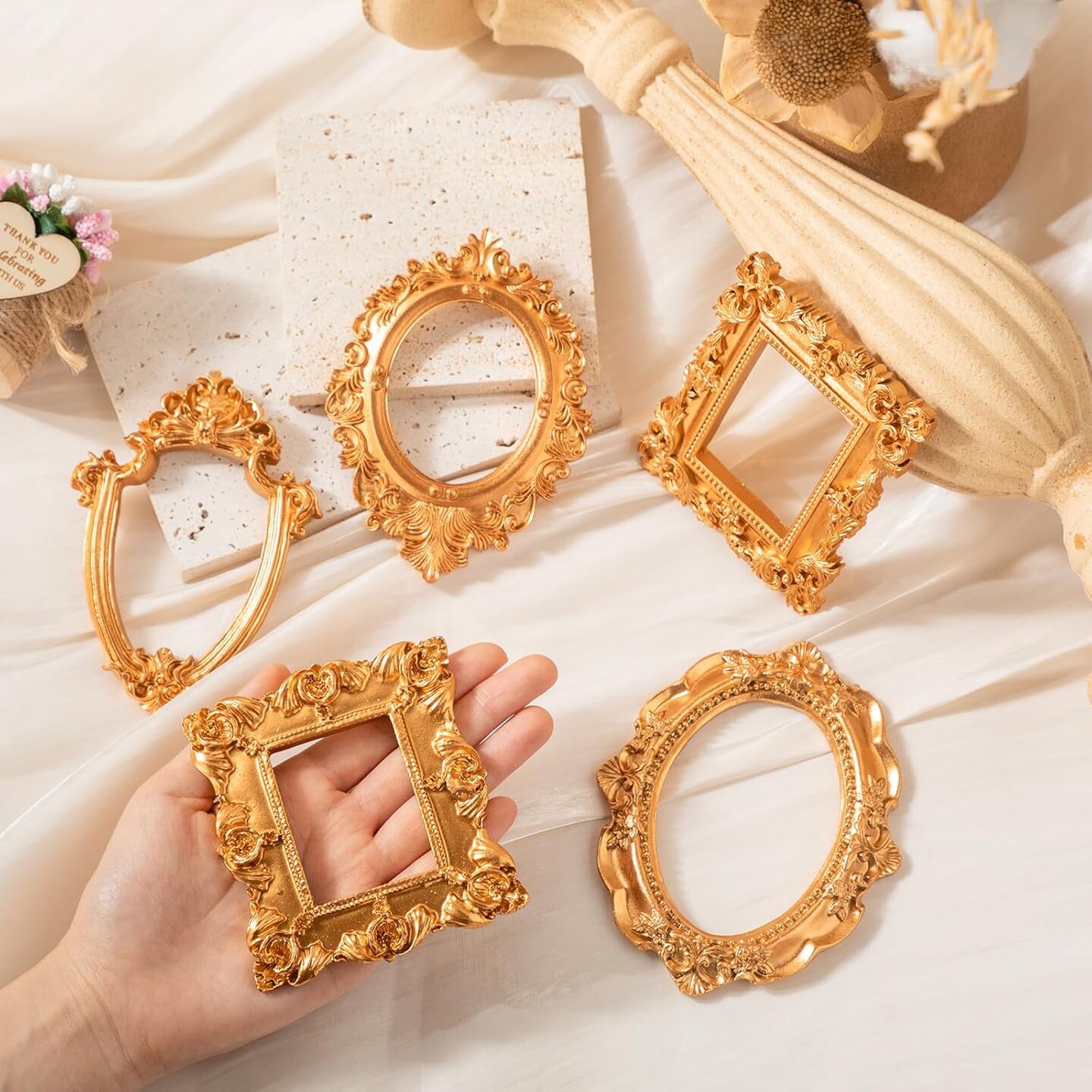 7 Pcs Vintage Resin Picture Frames Set Antique Gold Mini Photo Frames Small Baroque Oval Rectangle Ornate7