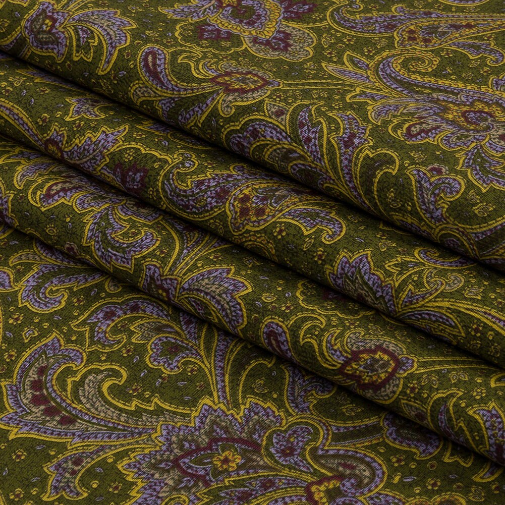 1 Yard Japanese Moss Yellow Lilac Paisley Cotton Woven Fabric