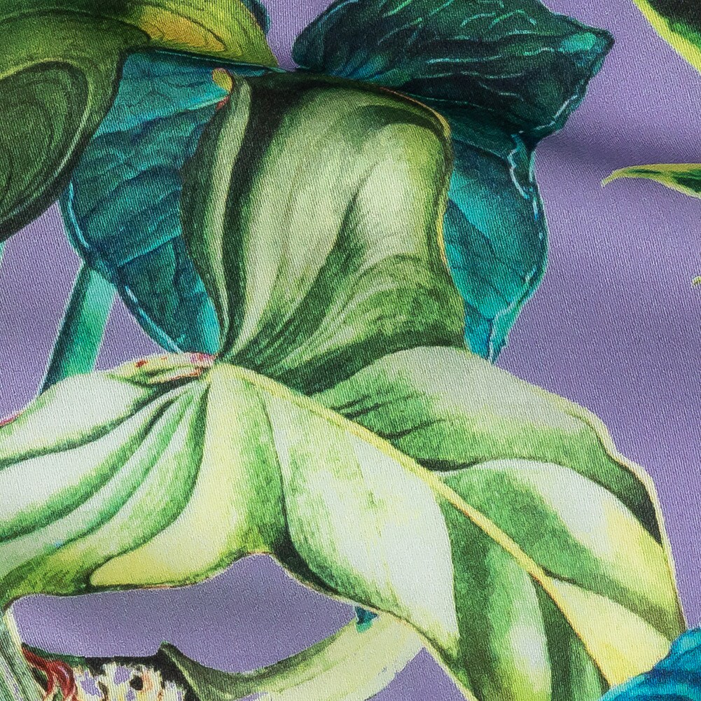 1 Yard Stretch Cotton Sateen Lavender Florals and Fauna Jungle Inspired Print Fabric