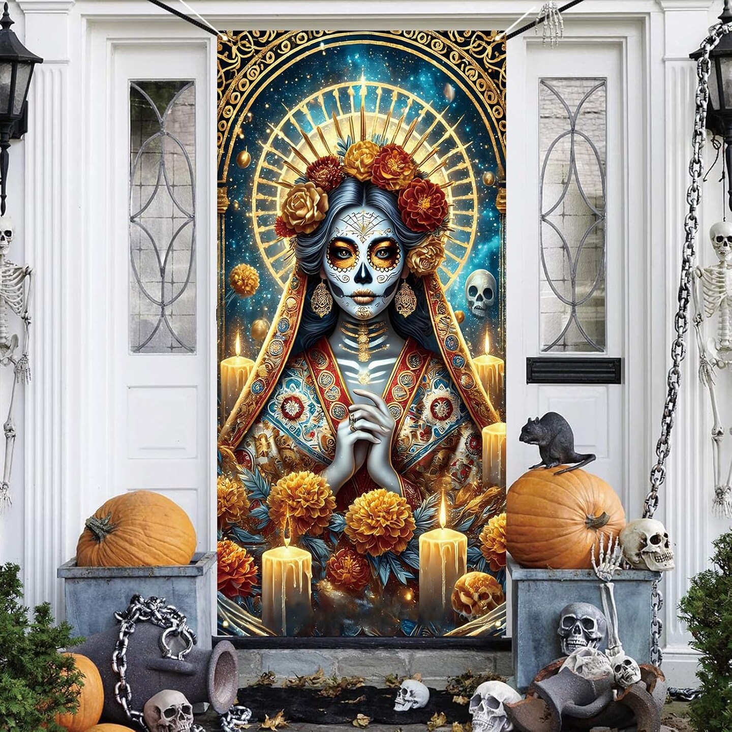 Dia De Los Muertos Door Cover Day of The Dead Front Porch (Multicolor) 72"L x 36"W