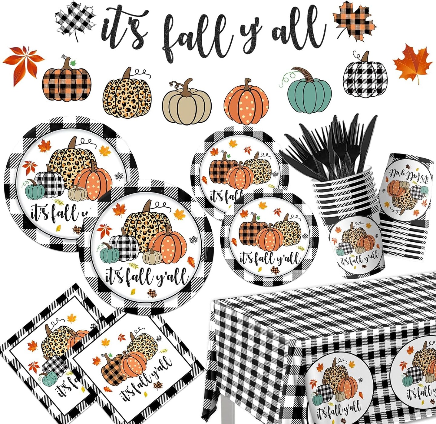 Black White Buffalo Plaid Pumpkins Fall Plaid Paper Plates (Black, White)