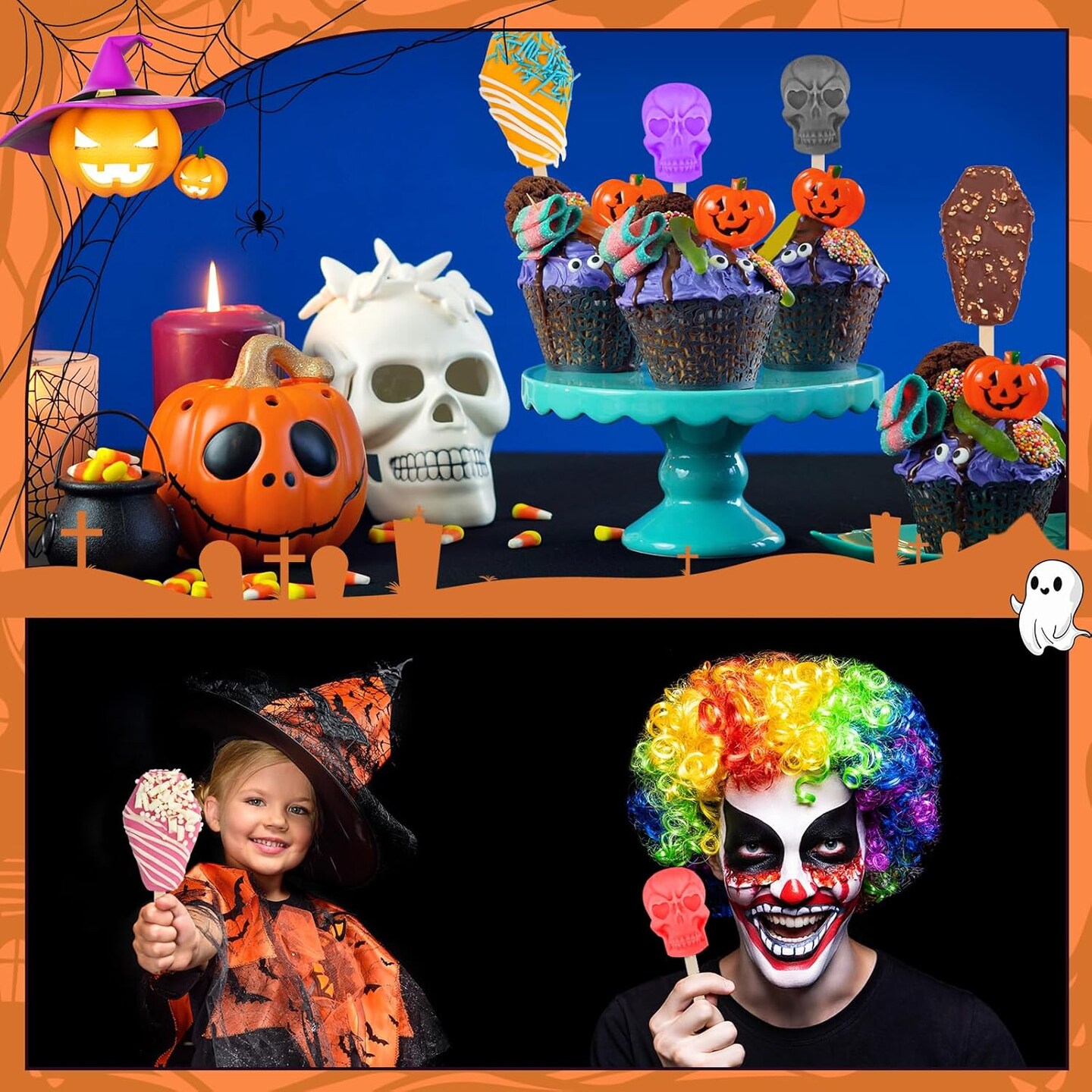 2 Pack Halloween Silicone Ice Cream Mold with 50 Wooden Sticks and 2 Droppers (Coffin, Skull)