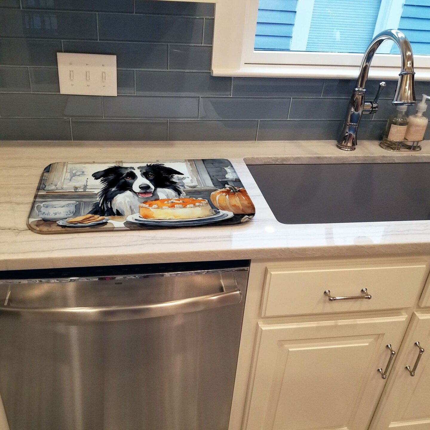 Edge Collections - 14" x 22" - Multicolor - Border Collie Fall Kitchen Dish Drying Mat - 1 Piece